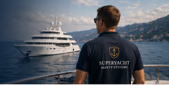 Crew member looking toward a motor yacht at sea