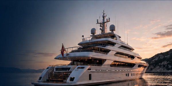 Motor yacht stern at sunset in calm water