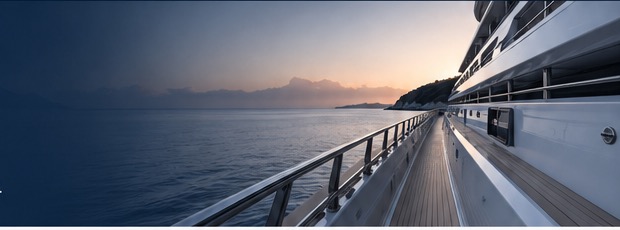 Side deck of a motor yacht underway at sunset
