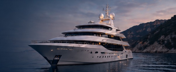 Motor yacht at anchor near a mountainous coastline