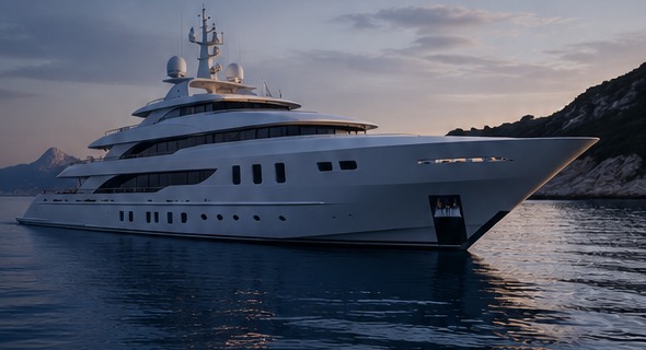 Motor yacht at anchor in calm coastal water