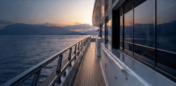 Motor yacht side deck with sea and mountains at sunset