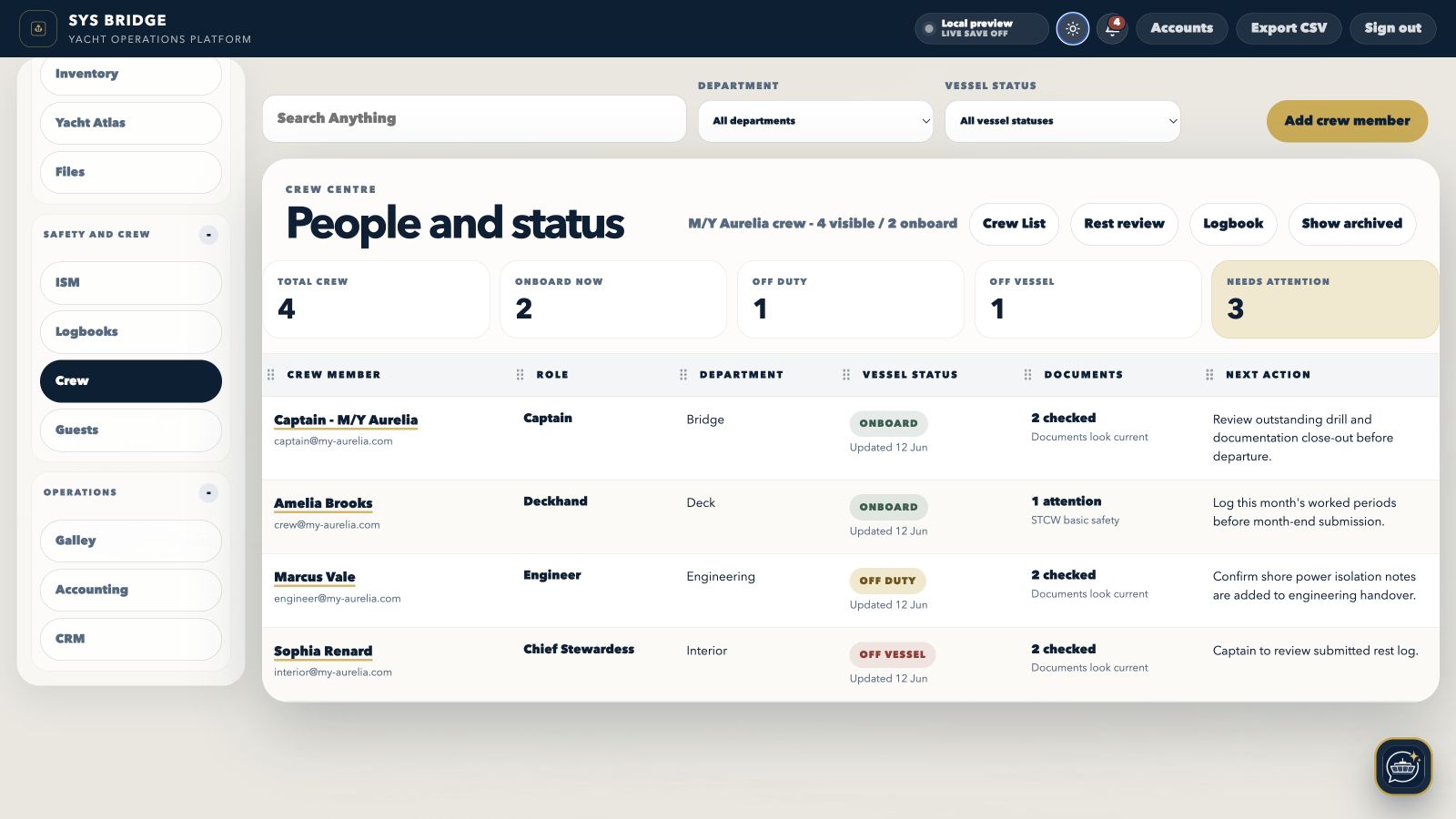 SYS Bridge yacht crew management screen with populated crew status and document records in light mode