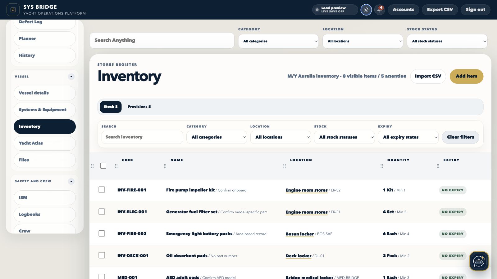 SYS Bridge yacht inventory management register with populated stores and expiry data in light mode