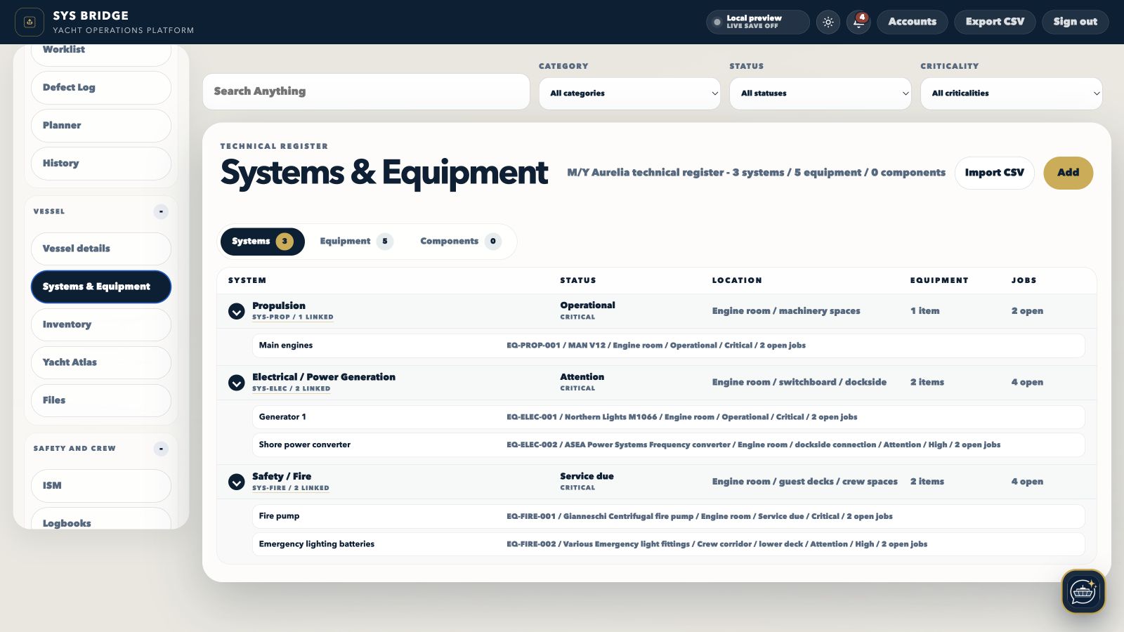 SYS Bridge yacht maintenance management screen with populated systems and equipment in light mode
