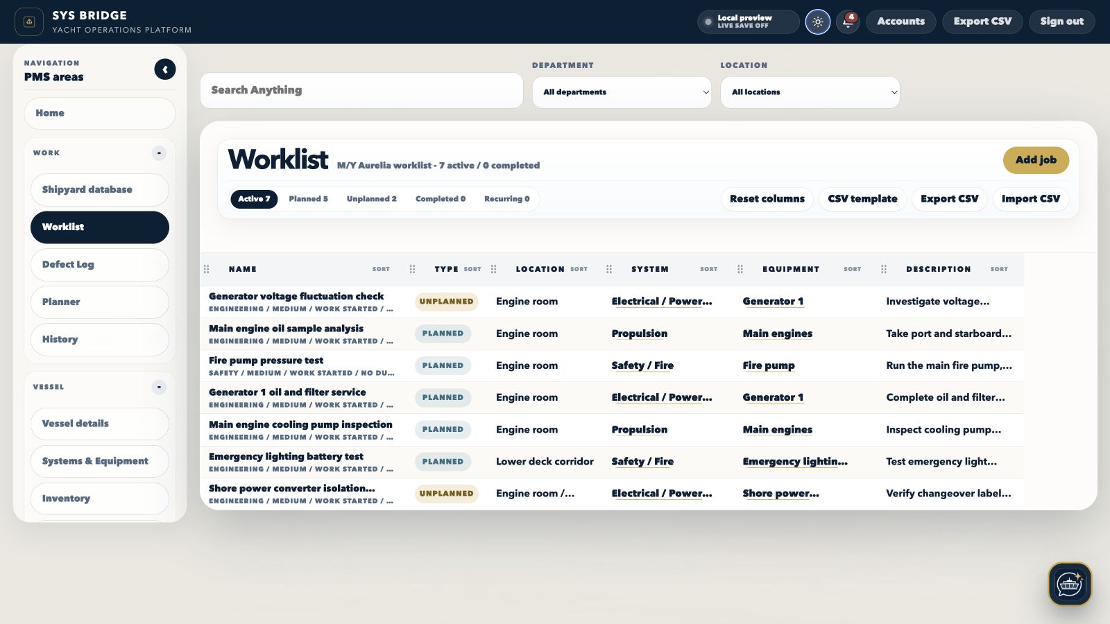 SYS Bridge yacht planned maintenance Worklist with populated planned and unplanned jobs in light mode